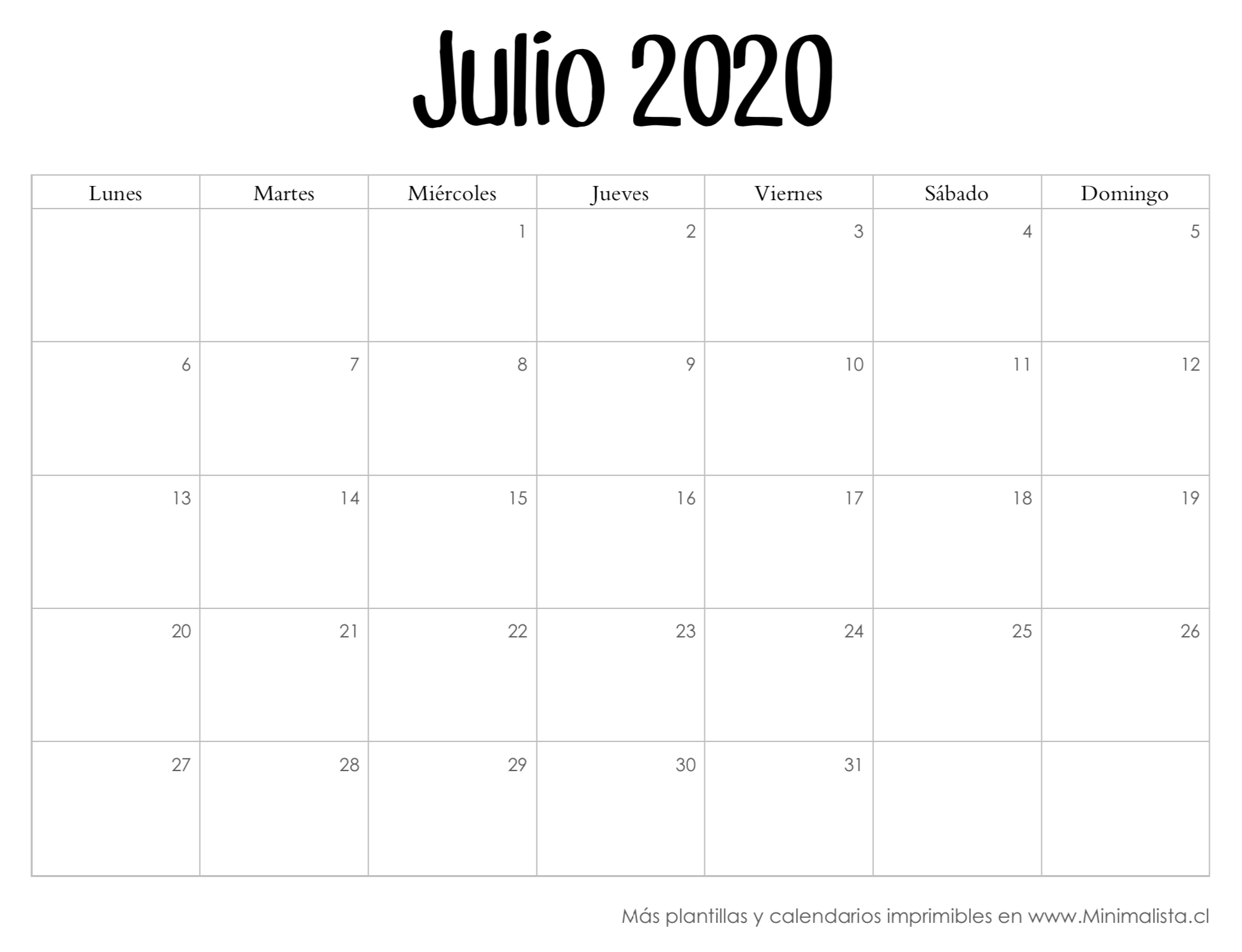 Calendarios 2020 para Imprmir - Minimalista